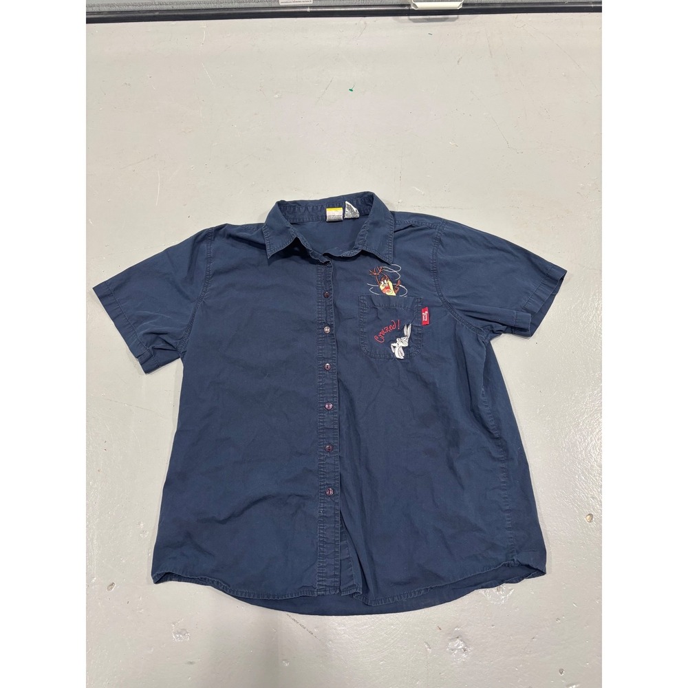 Vintage Looney Tunes‎ Bugs Bunny Taz Navy Blue Button Up Shirt Womens Medium